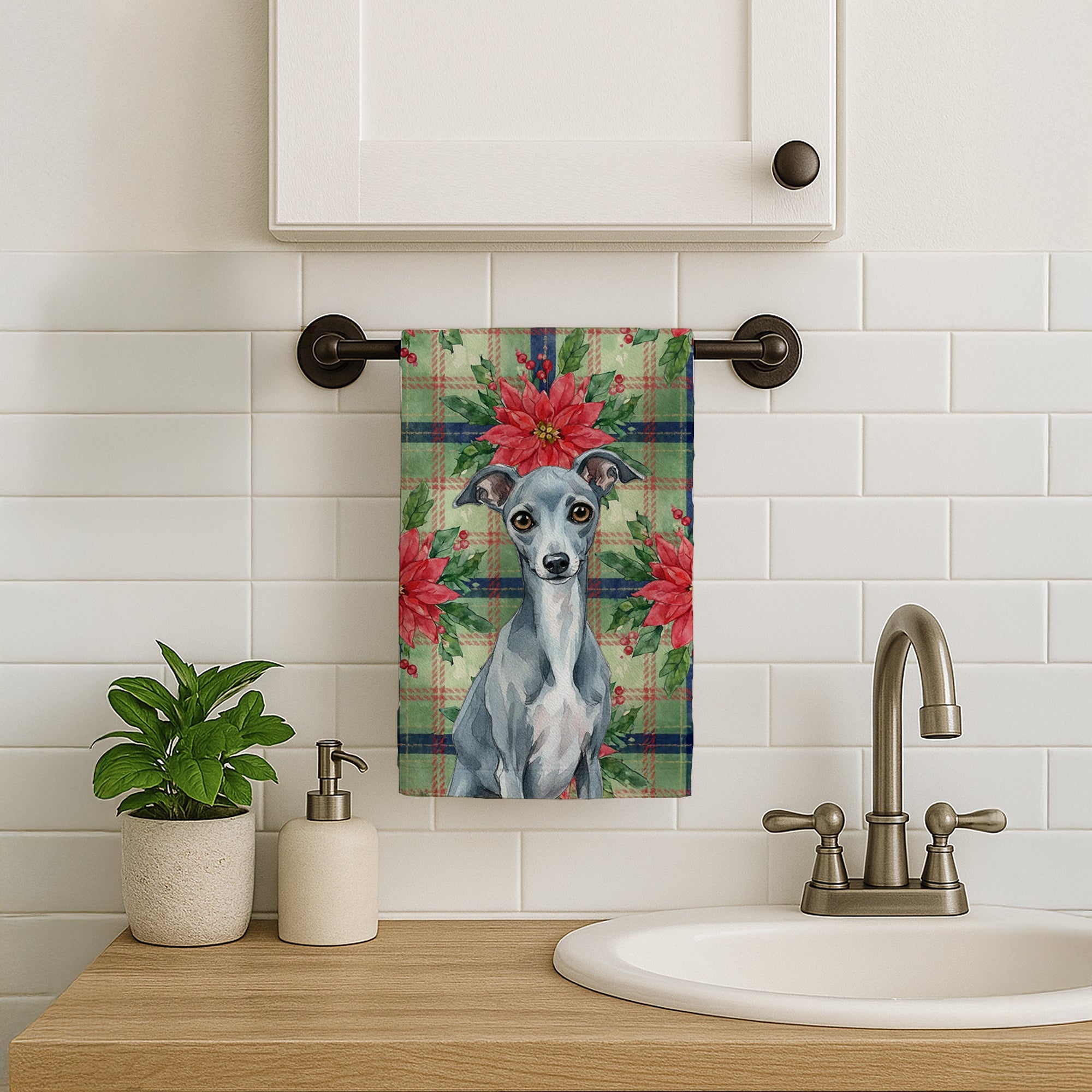 Blue Italian Greyhound Christmas PoinsettIas Kitchen Towel Velour Plush Front and Cotton Loop Back Machine Washable