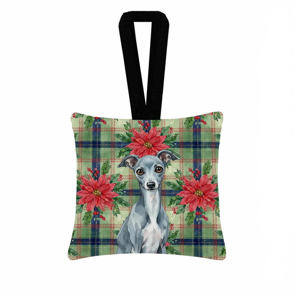 Blue Italian Greyhound Christmas PoinsettIas Hanging Square Fabric Ornament 3.5 � 3.5 Decorative Door-Knob & Tree Hanger, Soft Fabric