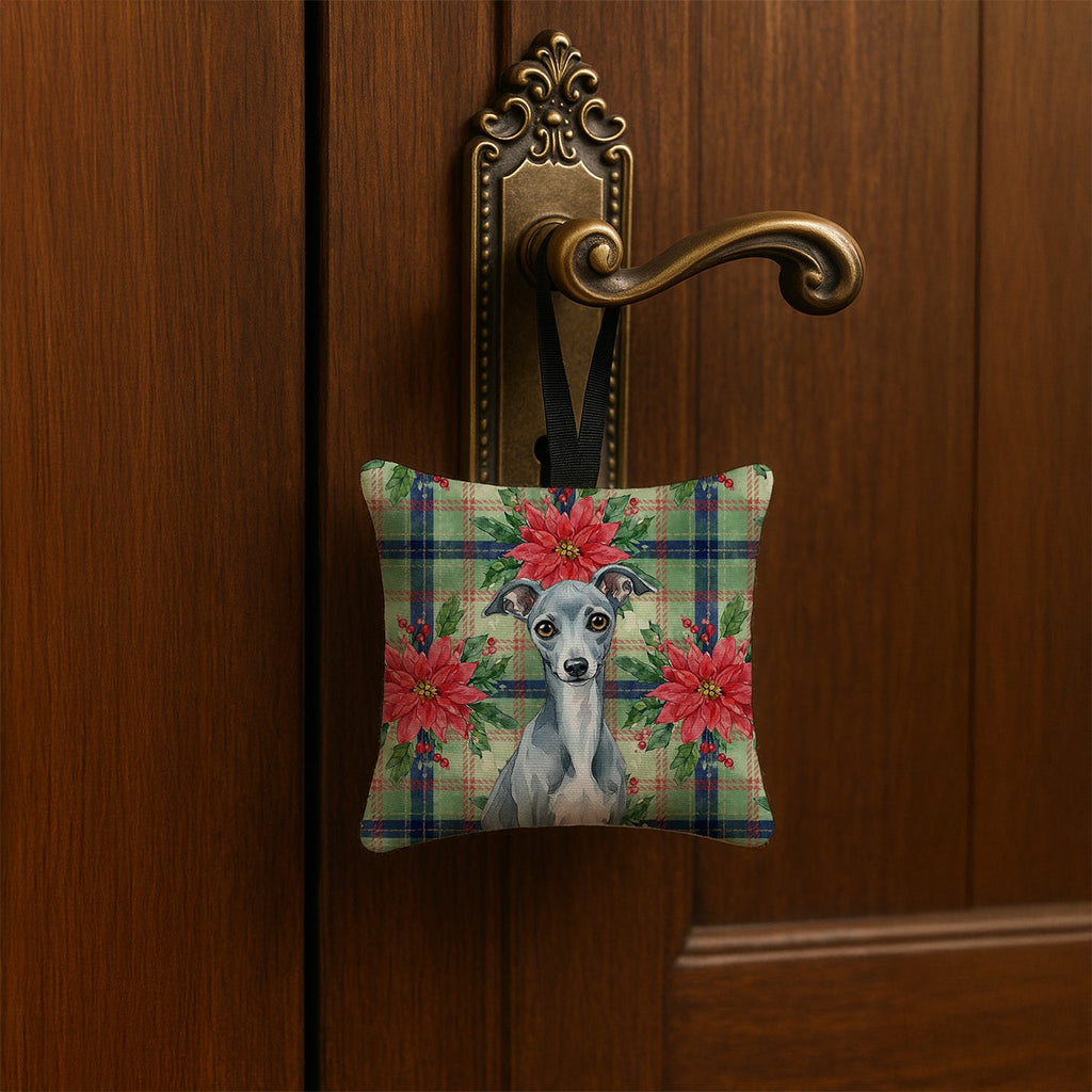 Blue Italian Greyhound Christmas PoinsettIas Hanging Square Fabric Ornament 3.5 � 3.5 Decorative Door-Knob & Tree Hanger, Soft Fabric