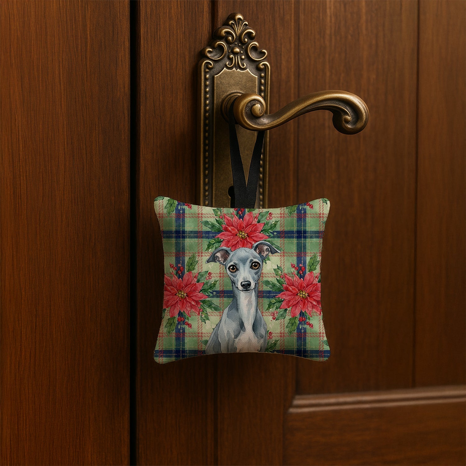 Blue Italian Greyhound Christmas PoinsettIas Hanging Square Fabric Ornament 3.5 � 3.5 Decorative Door-Knob & Tree Hanger, Soft Fabric