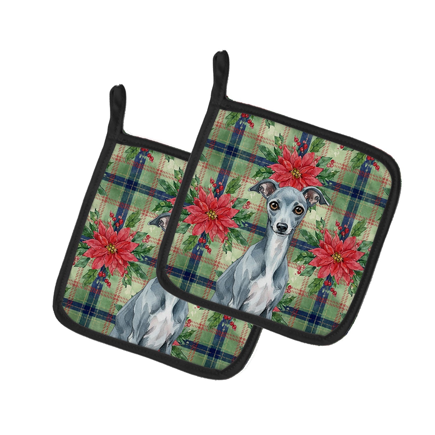 Blue Italian Greyhound Christmas PoinsettIas Pot Holder Set of 2 Heat Resistant Quilted Hot Pads 7.5 x 7.5 Inch, Insulated Kitchen Trivets for Cooking & Baking
