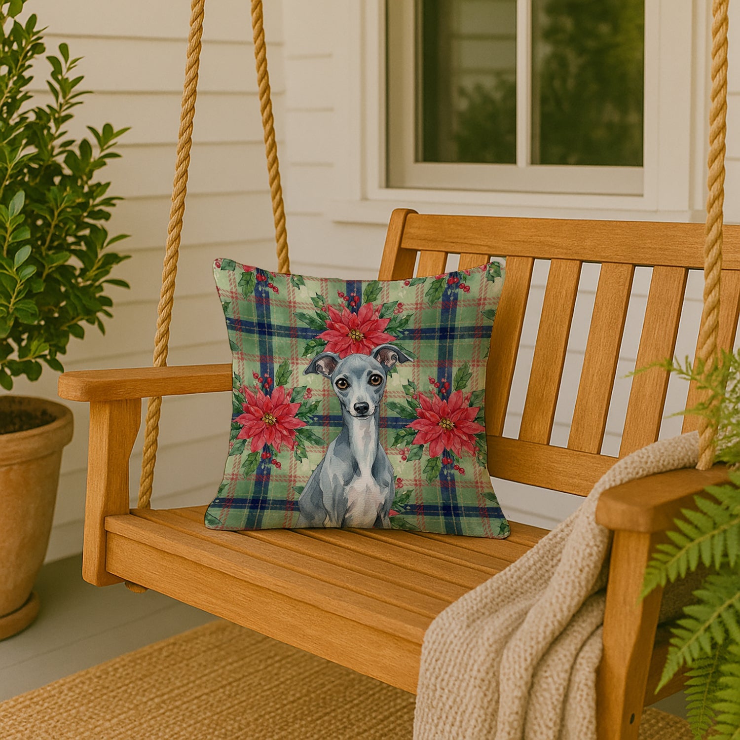 Blue Italian Greyhound Christmas PoinsettIas Decorative Throw Pillow 18x18 Indoor Outdoor Accent Cushion, Fabric Cover with Insert for Sofa, Bed, Porch & Living Room