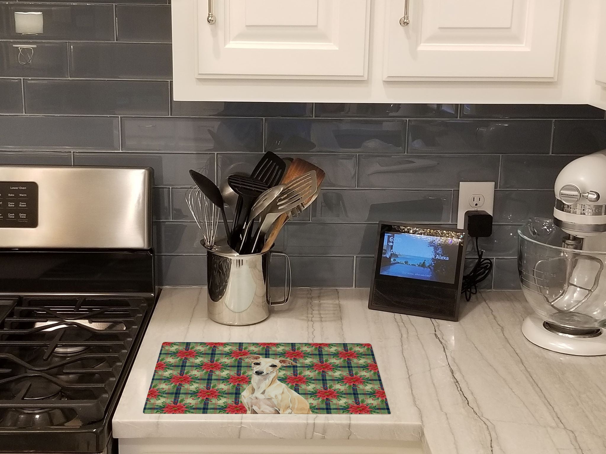 Cream Italian Greyhound Christmas PoinsettIas Cutting Board Tempered Glass Kitchen Cutting Surface, Heat Resistant Chopping, Non-Slip Feet, Food Prep & Serving