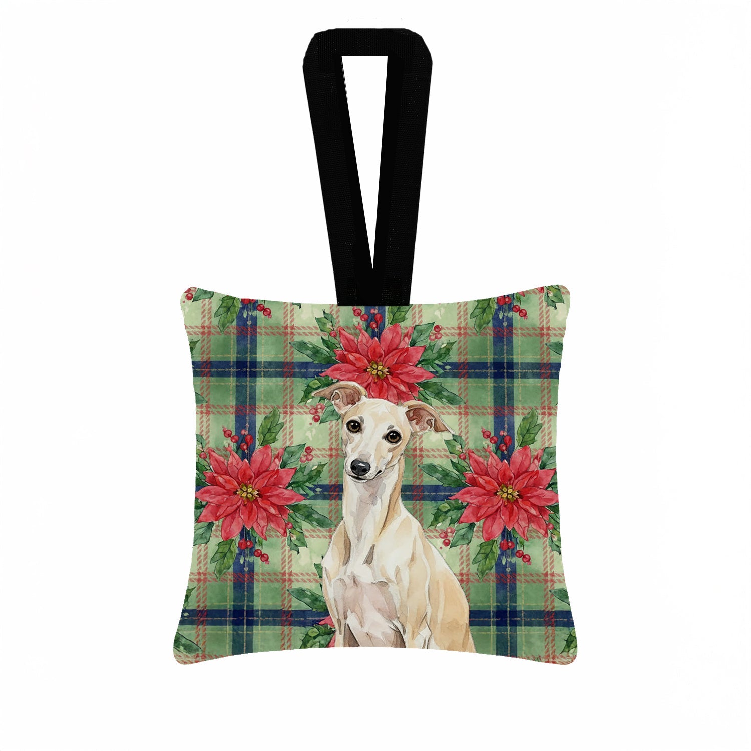 Cream Italian Greyhound Christmas PoinsettIas Hanging Square Fabric Ornament 3.5 � 3.5 Decorative Door-Knob & Tree Hanger, Soft Fabric