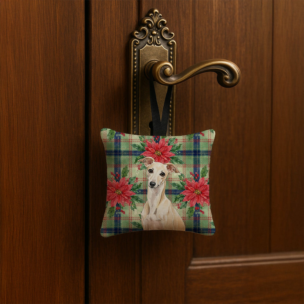 Cream Italian Greyhound Christmas PoinsettIas Hanging Square Fabric Ornament 3.5 � 3.5 Decorative Door-Knob & Tree Hanger, Soft Fabric