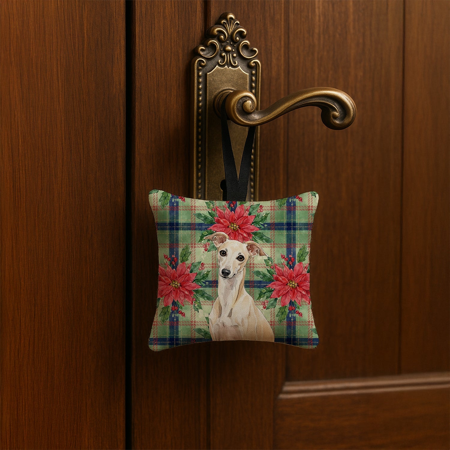 Cream Italian Greyhound Christmas PoinsettIas Hanging Square Fabric Ornament 3.5 � 3.5 Decorative Door-Knob & Tree Hanger, Soft Fabric