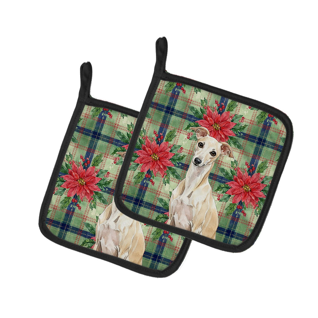 Cream Italian Greyhound Christmas PoinsettIas Pot Holder Set of 2 Heat Resistant Quilted Hot Pads 7.5 x 7.5 Inch, Insulated Kitchen Trivets for Cooking & Baking