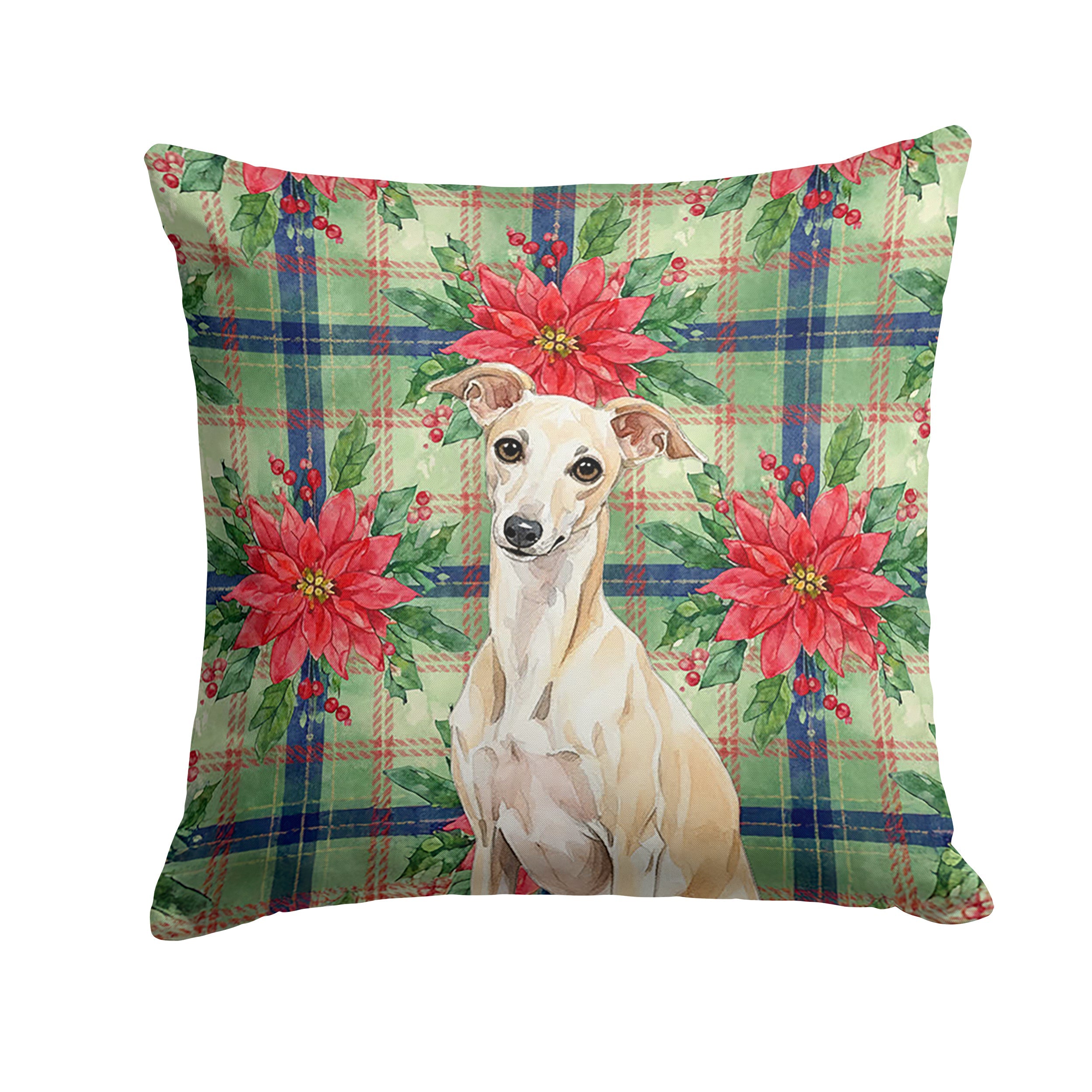 Cream Italian Greyhound Christmas PoinsettIas Decorative Throw Pillow 18x18 Indoor Outdoor Accent Cushion, Fabric Cover with Insert for Sofa, Bed, Porch & Living Room