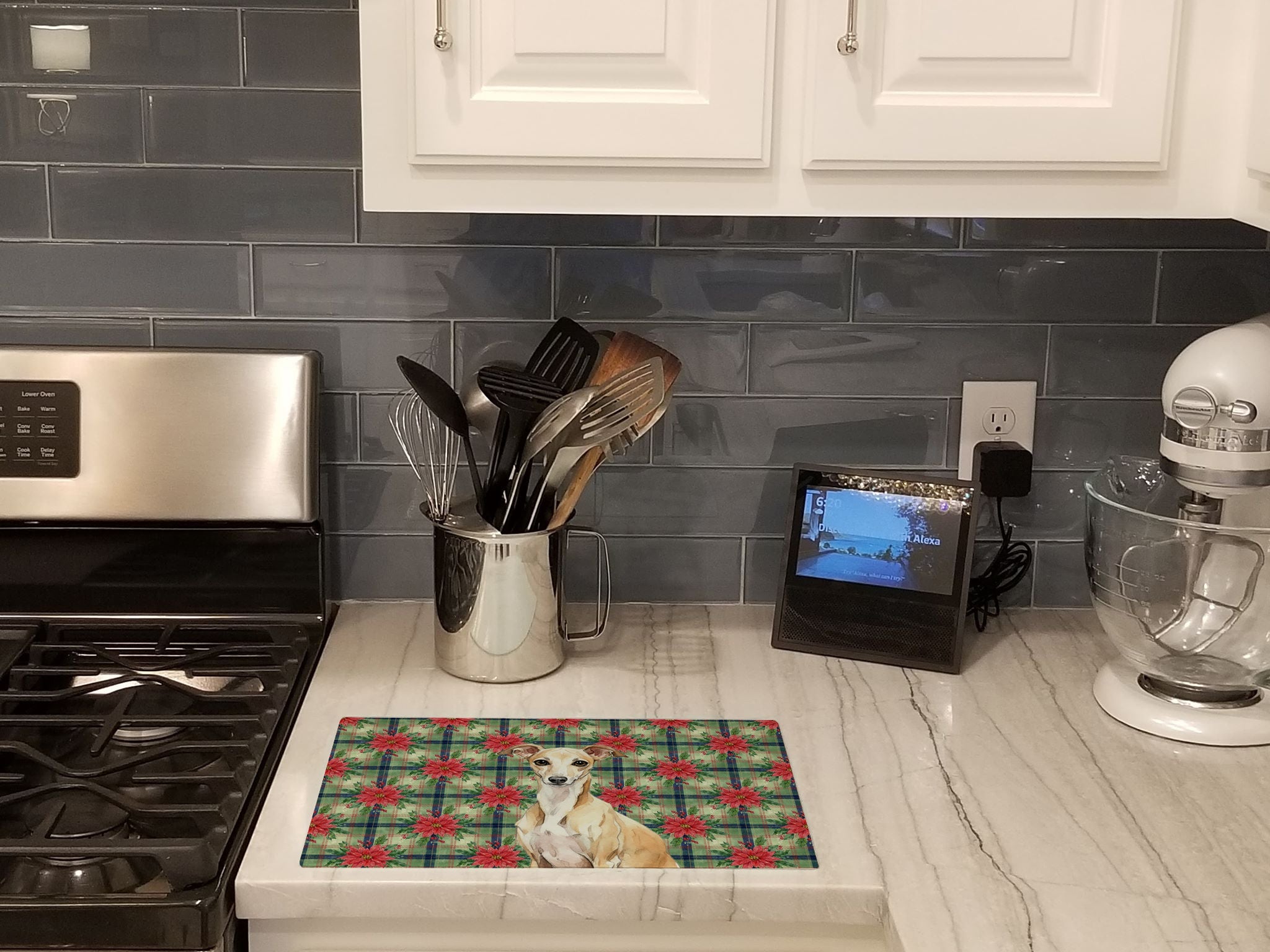 Fawn Italian Greyhound Christmas PoinsettIas Cutting Board Tempered Glass Kitchen Cutting Surface, Heat Resistant Chopping, Non-Slip Feet, Food Prep & Serving