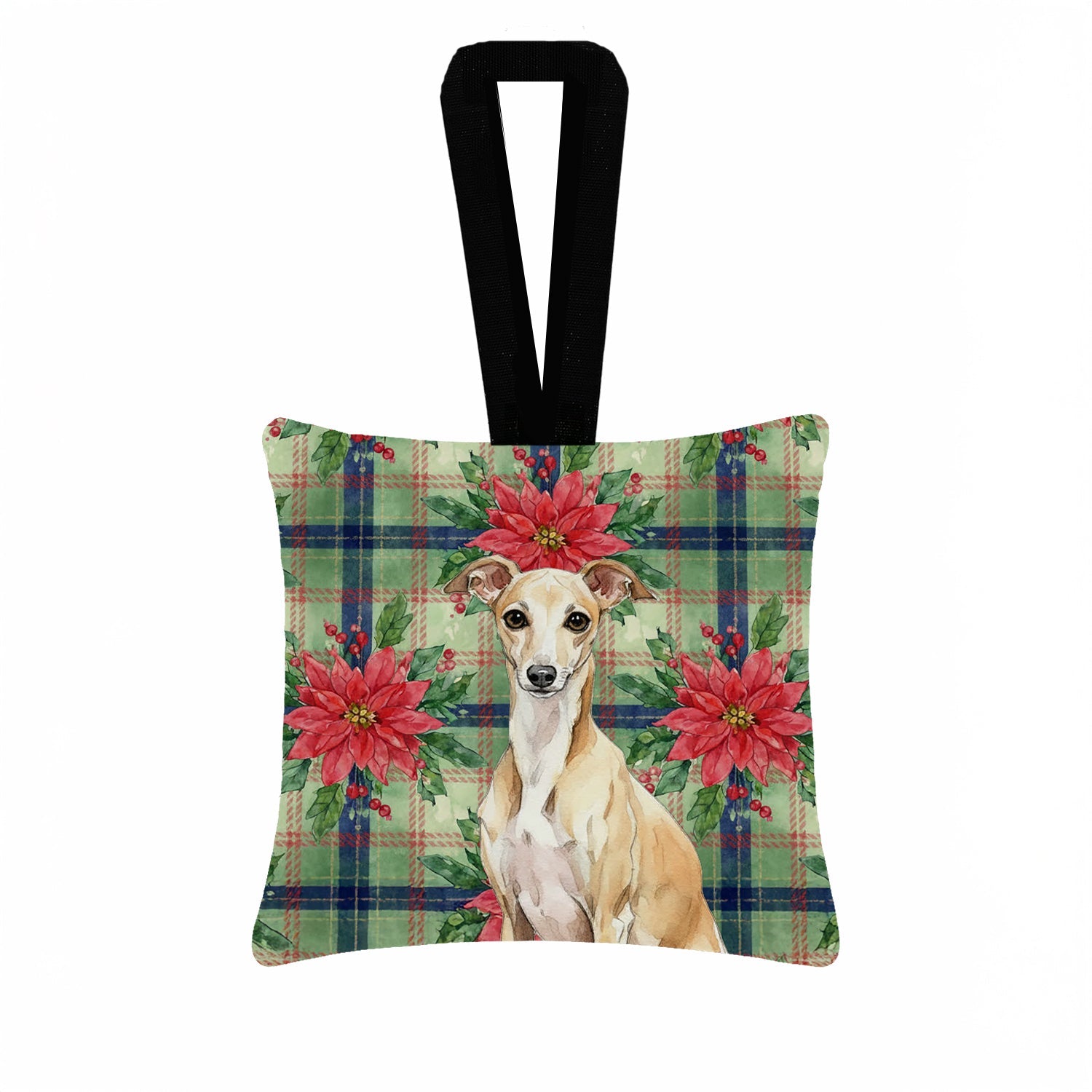 Fawn Italian Greyhound Christmas PoinsettIas Hanging Square Fabric Ornament 3.5 � 3.5 Decorative Door-Knob & Tree Hanger, Soft Fabric