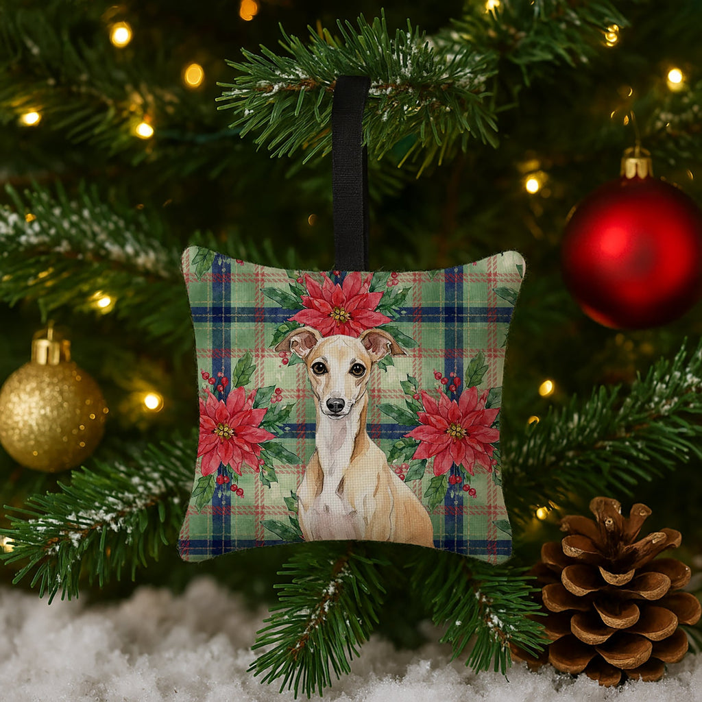 Fawn Italian Greyhound Christmas PoinsettIas Hanging Square Fabric Ornament 3.5 � 3.5 Decorative Door-Knob & Tree Hanger, Soft Fabric