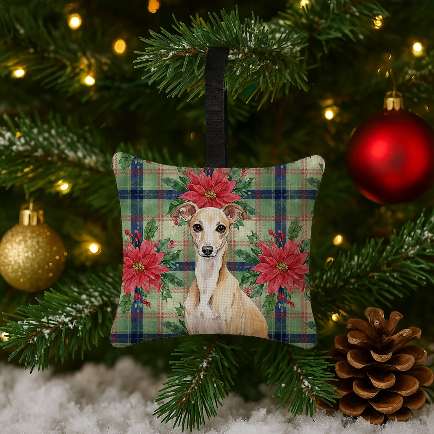 Fawn Italian Greyhound Christmas PoinsettIas Hanging Square Fabric Ornament 3.5 � 3.5 Decorative Door-Knob & Tree Hanger, Soft Fabric