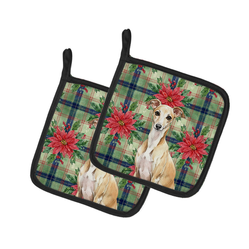 Fawn Italian Greyhound Christmas PoinsettIas Pot Holder Set of 2 Heat Resistant Quilted Hot Pads 7.5 x 7.5 Inch, Insulated Kitchen Trivets for Cooking & Baking