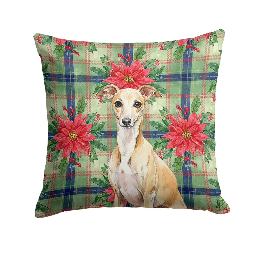 Fawn Italian Greyhound Christmas PoinsettIas Decorative Throw Pillow 14x14 Indoor Outdoor Accent Cushion, Fabric Cover with Insert for Sofa, Bed, Porch & Living Room