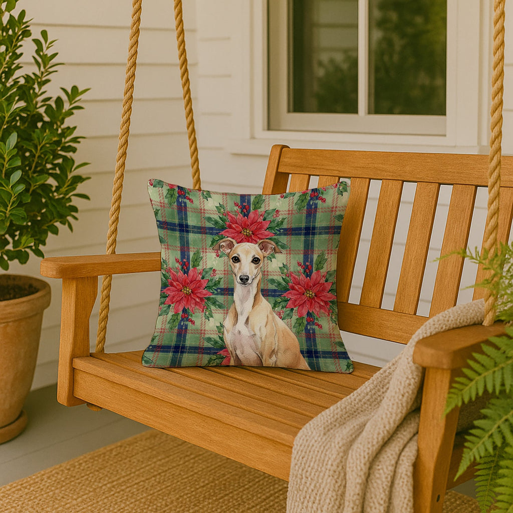 Fawn Italian Greyhound Christmas PoinsettIas Decorative Throw Pillow 18x18 Indoor Outdoor Accent Cushion, Fabric Cover with Insert for Sofa, Bed, Porch & Living Room