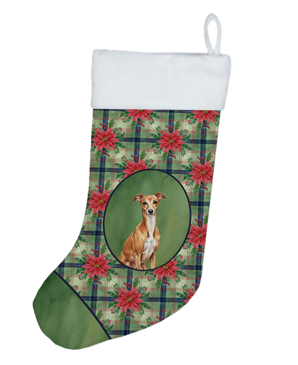 Red Italian Greyhound Christmas PoinsettIas Holiday Stocking Double-Sided Print, Polyester Suede,11x18, Made in USA