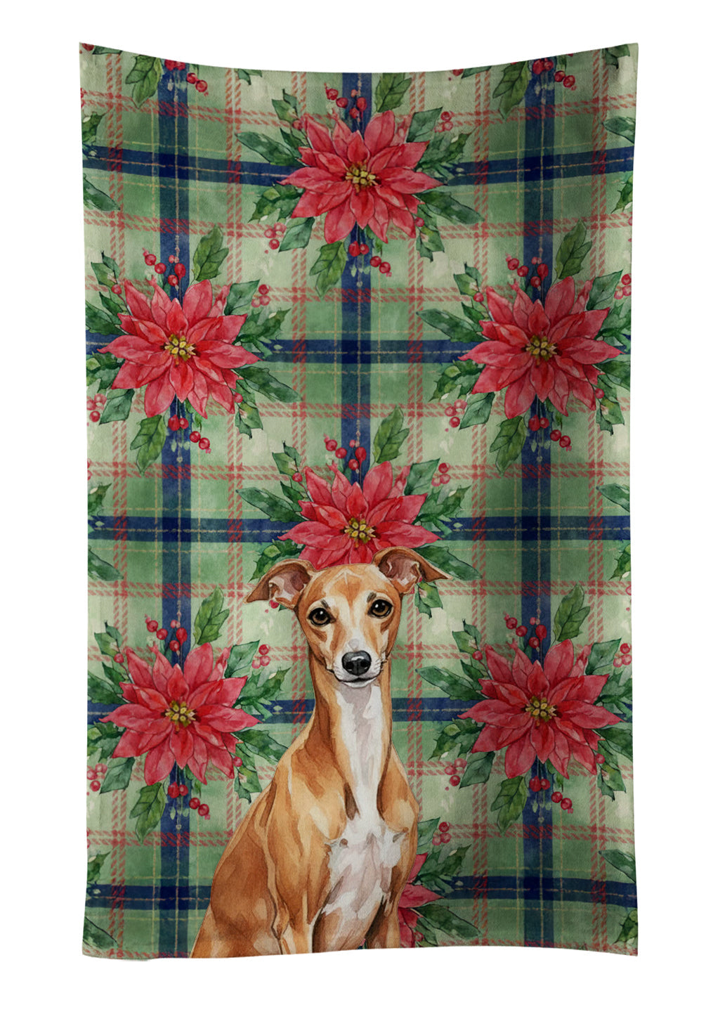 Red Italian Greyhound Christmas PoinsettIas Kitchen Towel Velour Plush Front and Cotton Loop Back Machine Washable