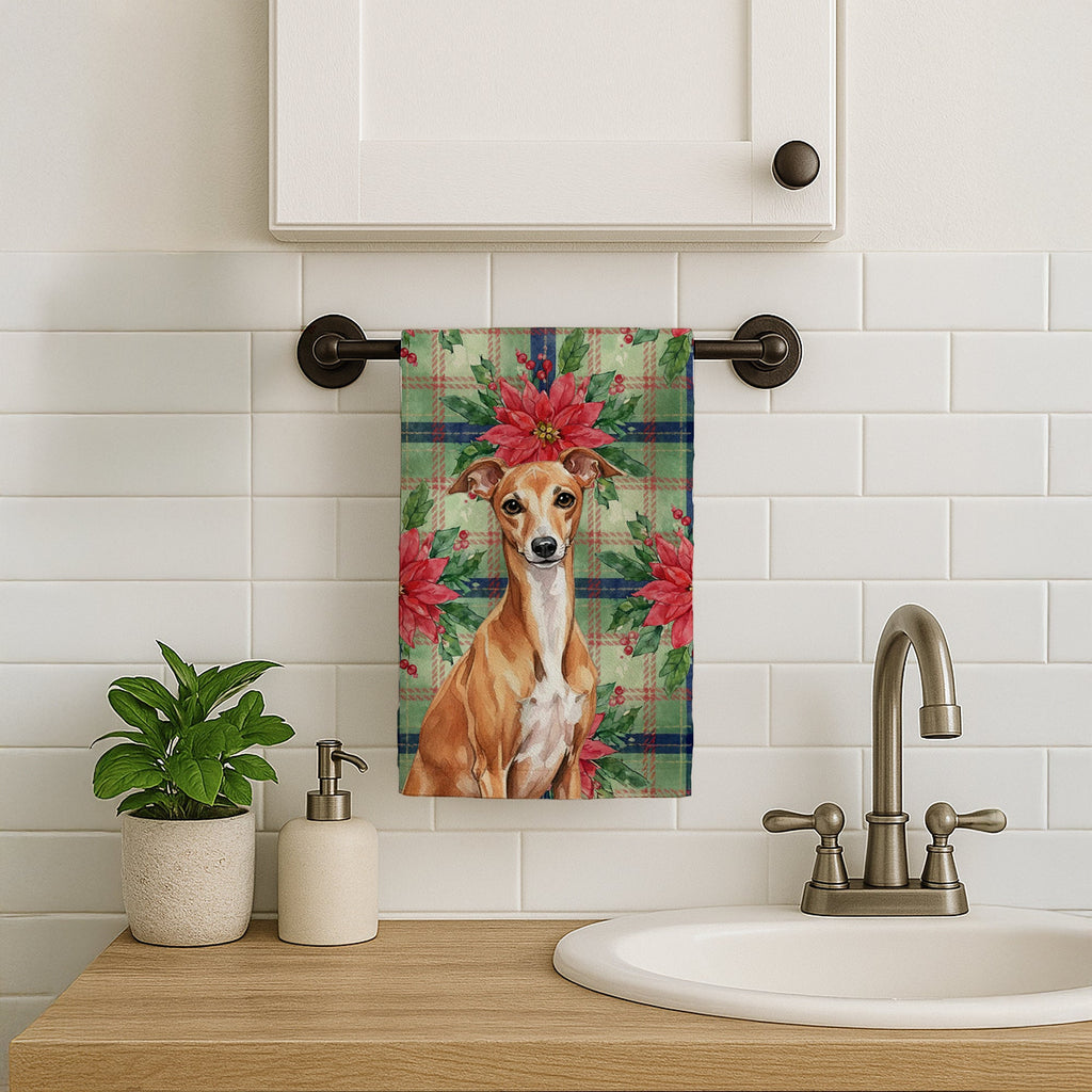 Red Italian Greyhound Christmas PoinsettIas Kitchen Towel Velour Plush Front and Cotton Loop Back Machine Washable