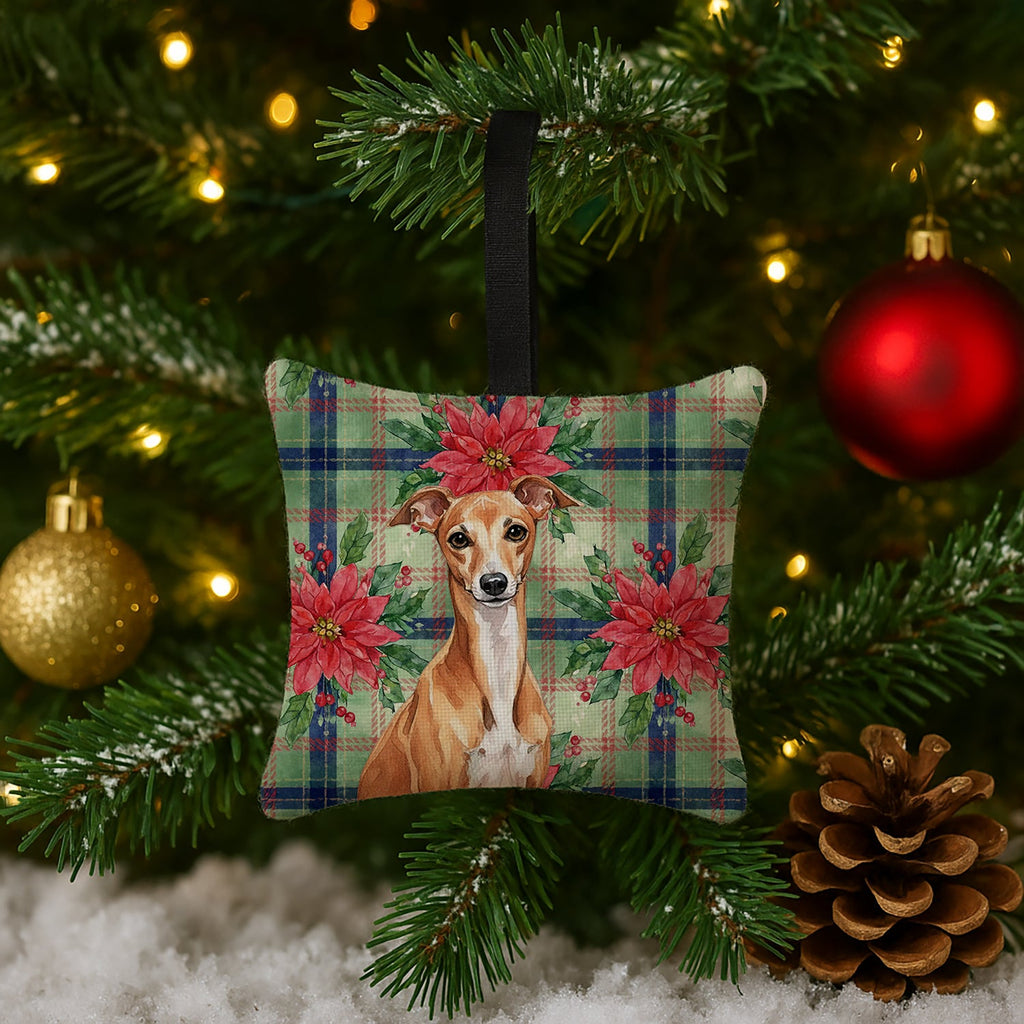 Red Italian Greyhound Christmas PoinsettIas Hanging Square Fabric Ornament 3.5 � 3.5 Decorative Door-Knob & Tree Hanger, Soft Fabric