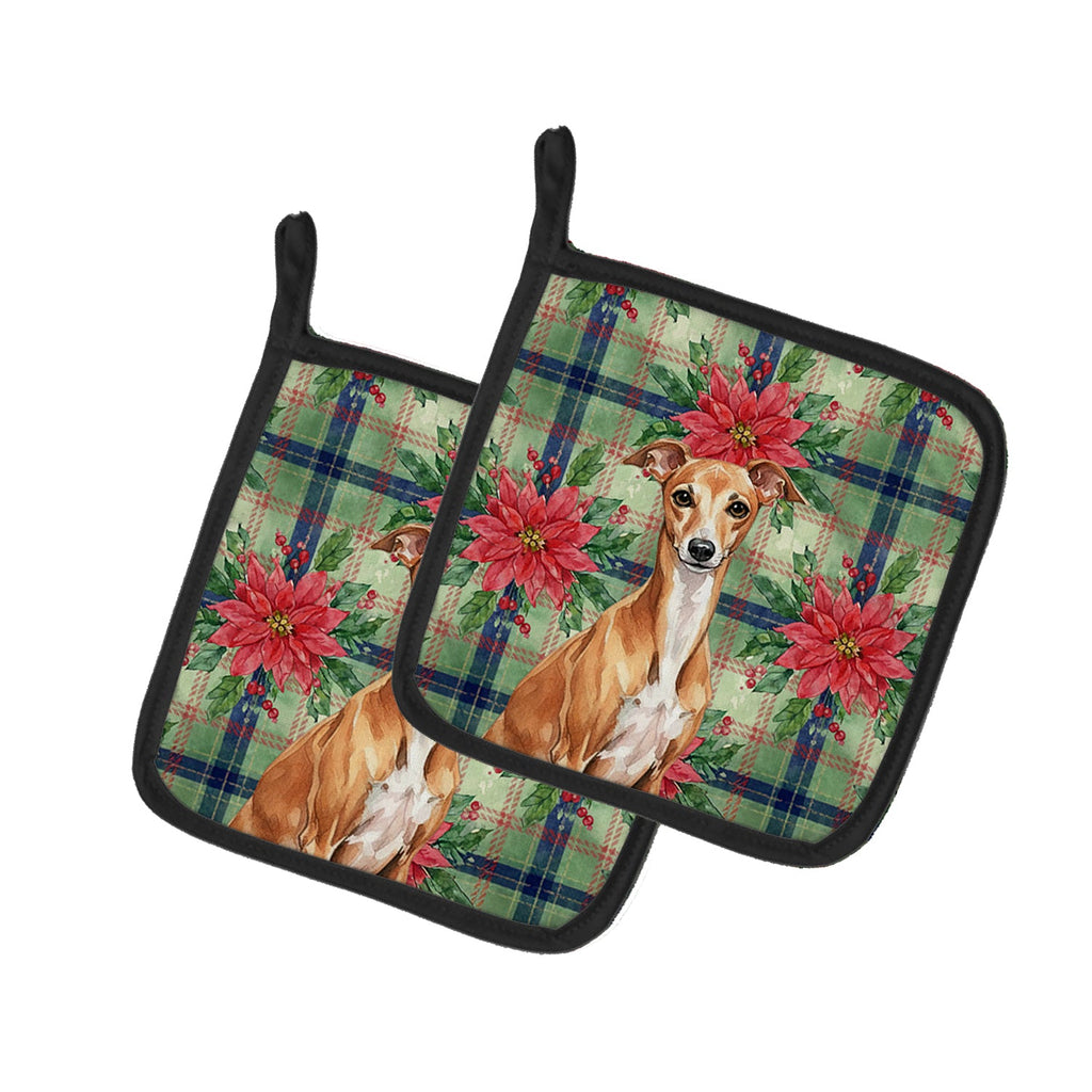 Red Italian Greyhound Christmas PoinsettIas Pot Holder Set of 2 Heat Resistant Quilted Hot Pads 7.5 x 7.5 Inch, Insulated Kitchen Trivets for Cooking & Baking