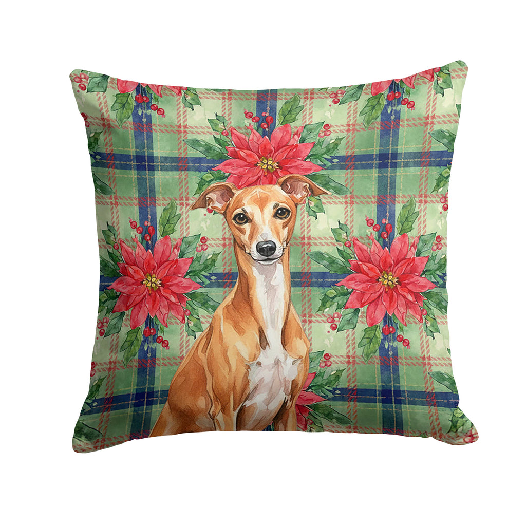 Red Italian Greyhound Christmas PoinsettIas Decorative Throw Pillow 14x14 Indoor Outdoor Accent Cushion, Fabric Cover with Insert for Sofa, Bed, Porch & Living Room