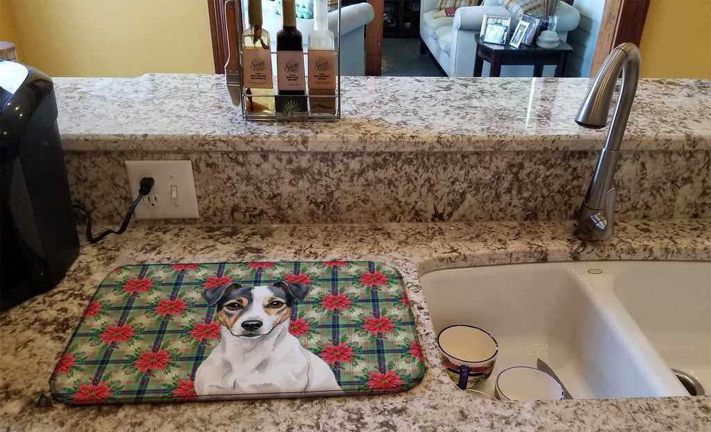 White and Black Jack Russell Terrier Christmas PoinsettIas Dish Drying Mat Absorbent Dish Drying Mat Pad for Kitchen Counter Dish Drainer Mat for Countertop, 14 x 21", Multicolor