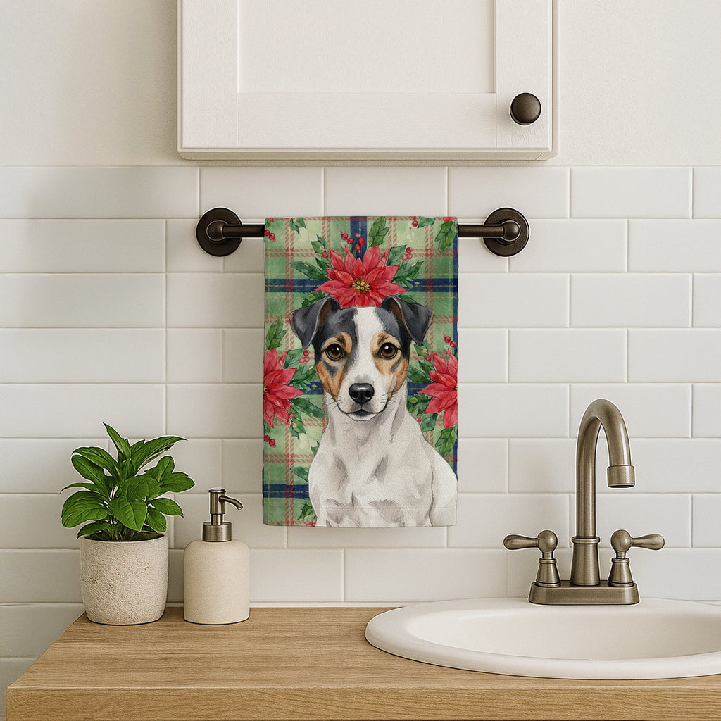 White and Black Jack Russell Terrier Christmas PoinsettIas Kitchen Towel Velour Plush Front and Cotton Loop Back Machine Washable
