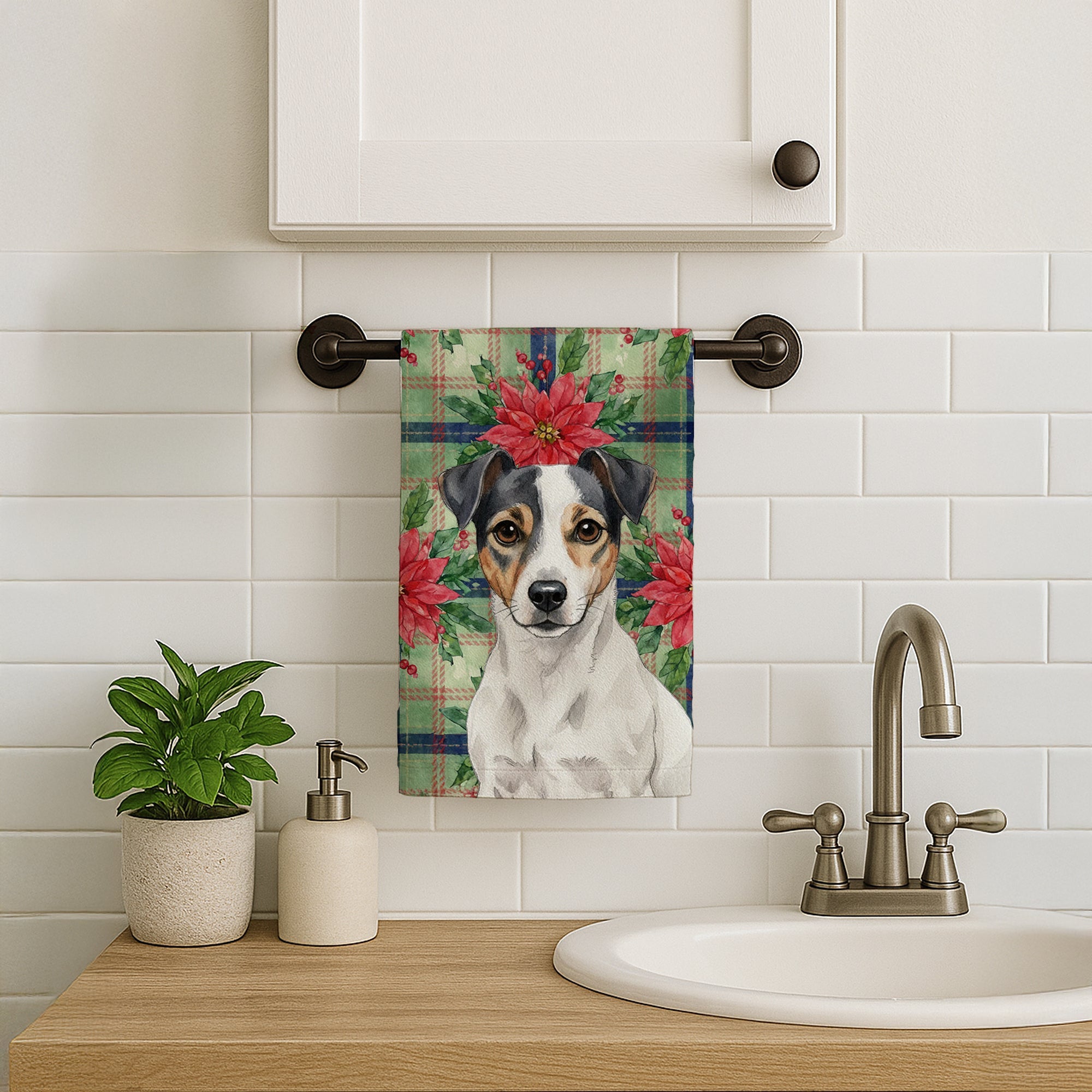 White and Black Jack Russell Terrier Christmas PoinsettIas Kitchen Towel Velour Plush Front and Cotton Loop Back Machine Washable