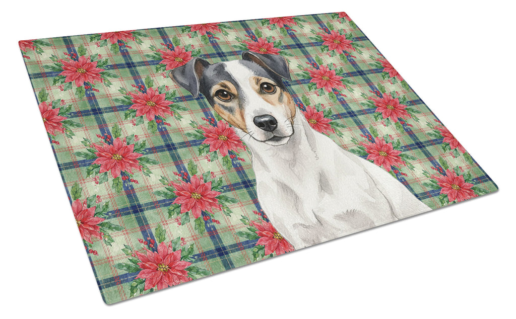 White and Black Jack Russell Terrier Christmas PoinsettIas Cutting Board Tempered Glass Kitchen Cutting Surface, Heat Resistant Chopping, Non-Slip Feet, Food Prep & Serving