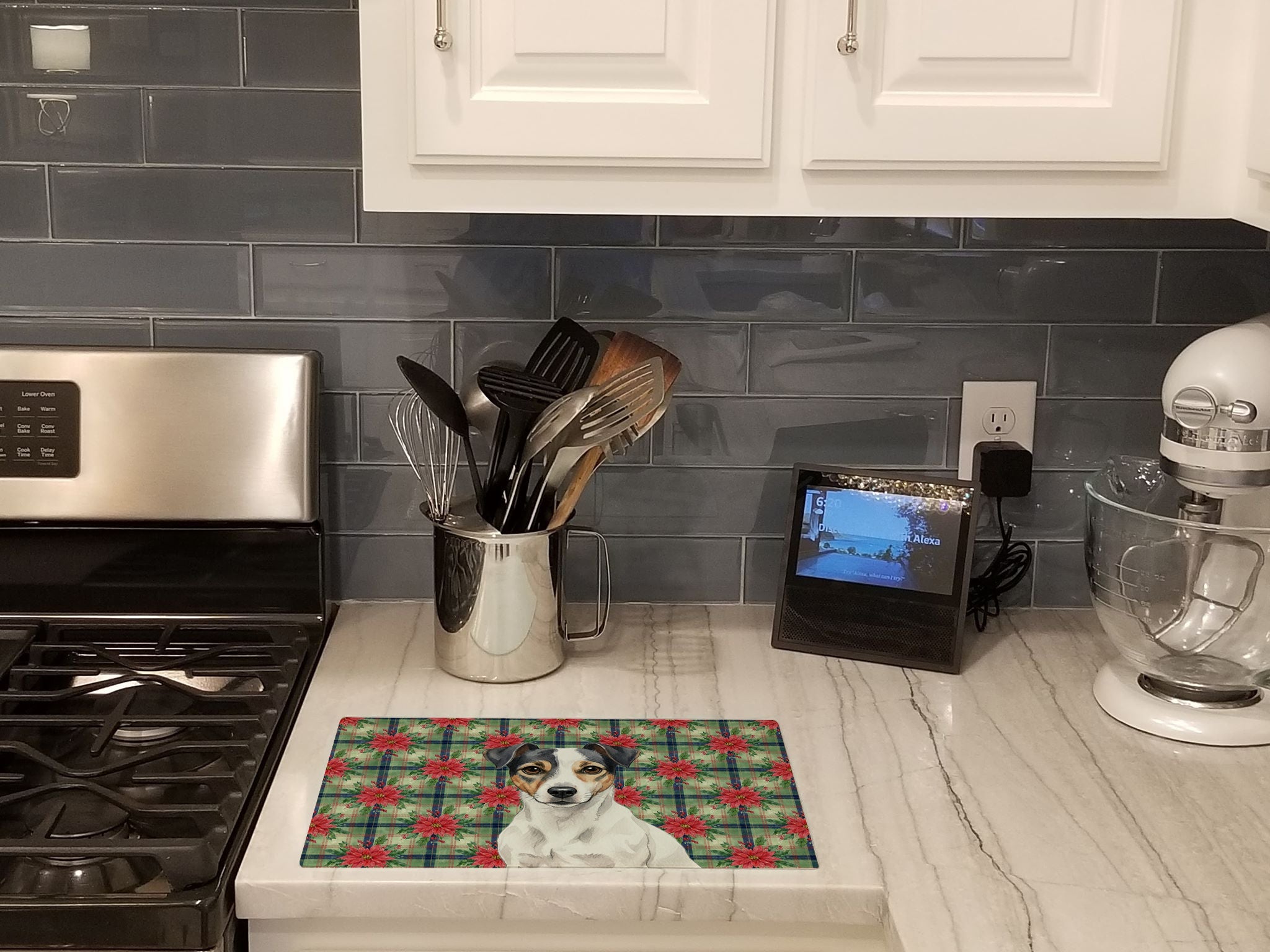 White and Black Jack Russell Terrier Christmas PoinsettIas Cutting Board Tempered Glass Kitchen Cutting Surface, Heat Resistant Chopping, Non-Slip Feet, Food Prep & Serving