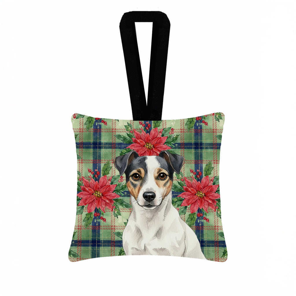White and Black Jack Russell Terrier Christmas PoinsettIas Hanging Square Fabric Ornament 3.5 � 3.5 Decorative Door-Knob & Tree Hanger, Soft Fabric