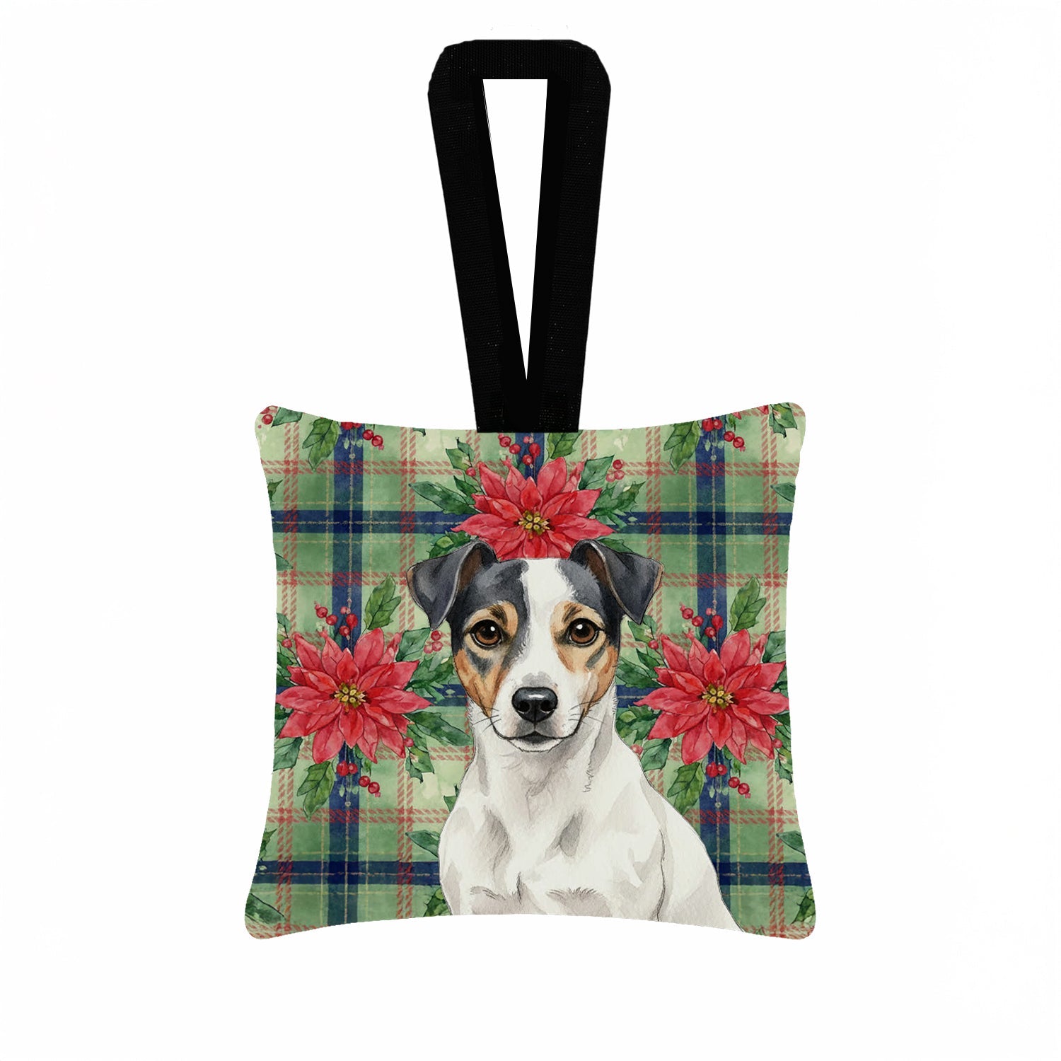 White and Black Jack Russell Terrier Christmas PoinsettIas Hanging Square Fabric Ornament 3.5 � 3.5 Decorative Door-Knob & Tree Hanger, Soft Fabric