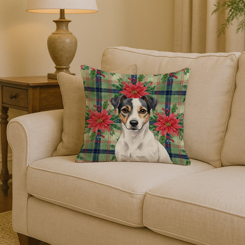 White and Black Jack Russell Terrier Christmas PoinsettIas Decorative Throw Pillow 14x14 Indoor Outdoor Accent Cushion, Fabric Cover with Insert for Sofa, Bed, Porch & Living Room