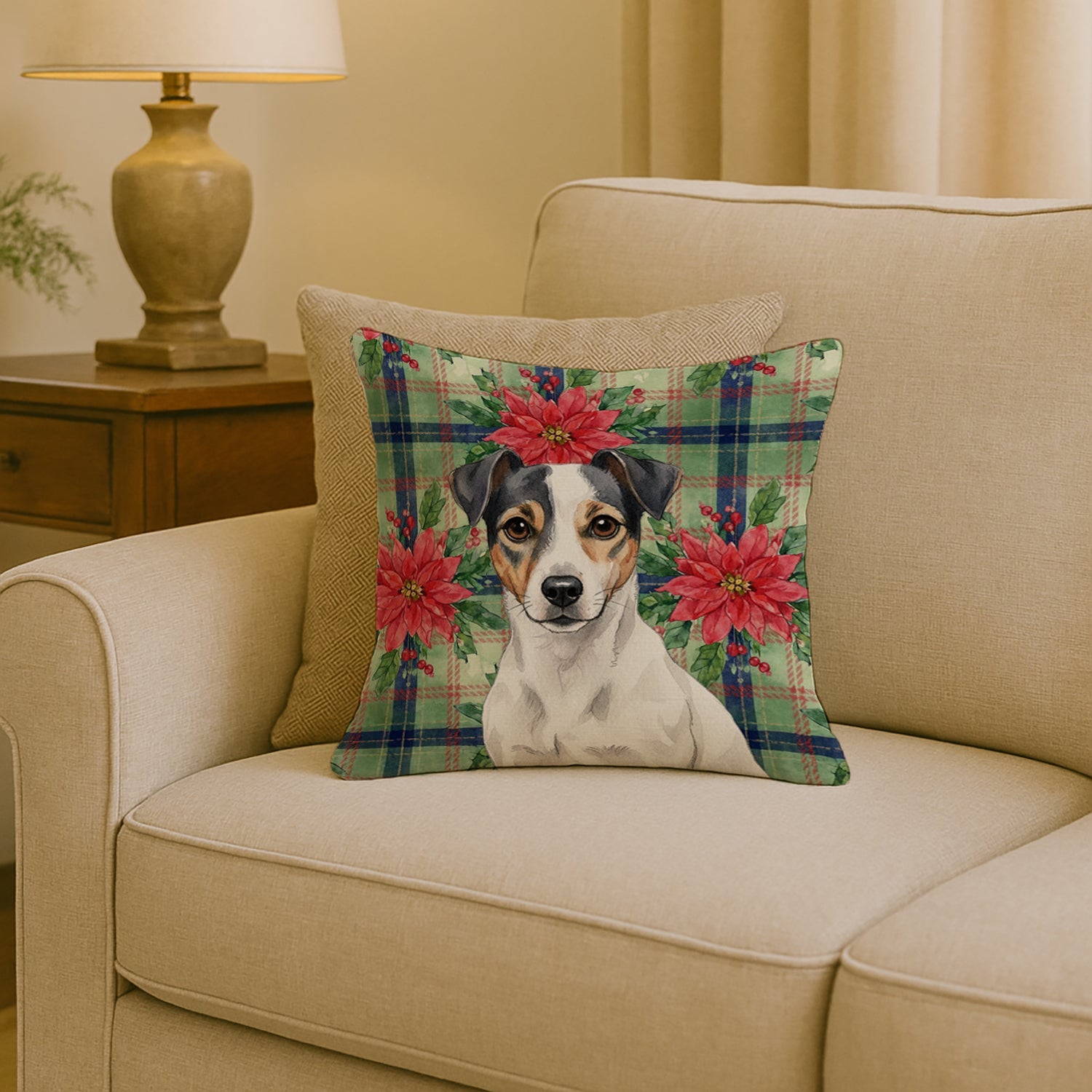 White and Black Jack Russell Terrier Christmas PoinsettIas Decorative Throw Pillow 18x18 Indoor Outdoor Accent Cushion, Fabric Cover with Insert for Sofa, Bed, Porch & Living Room