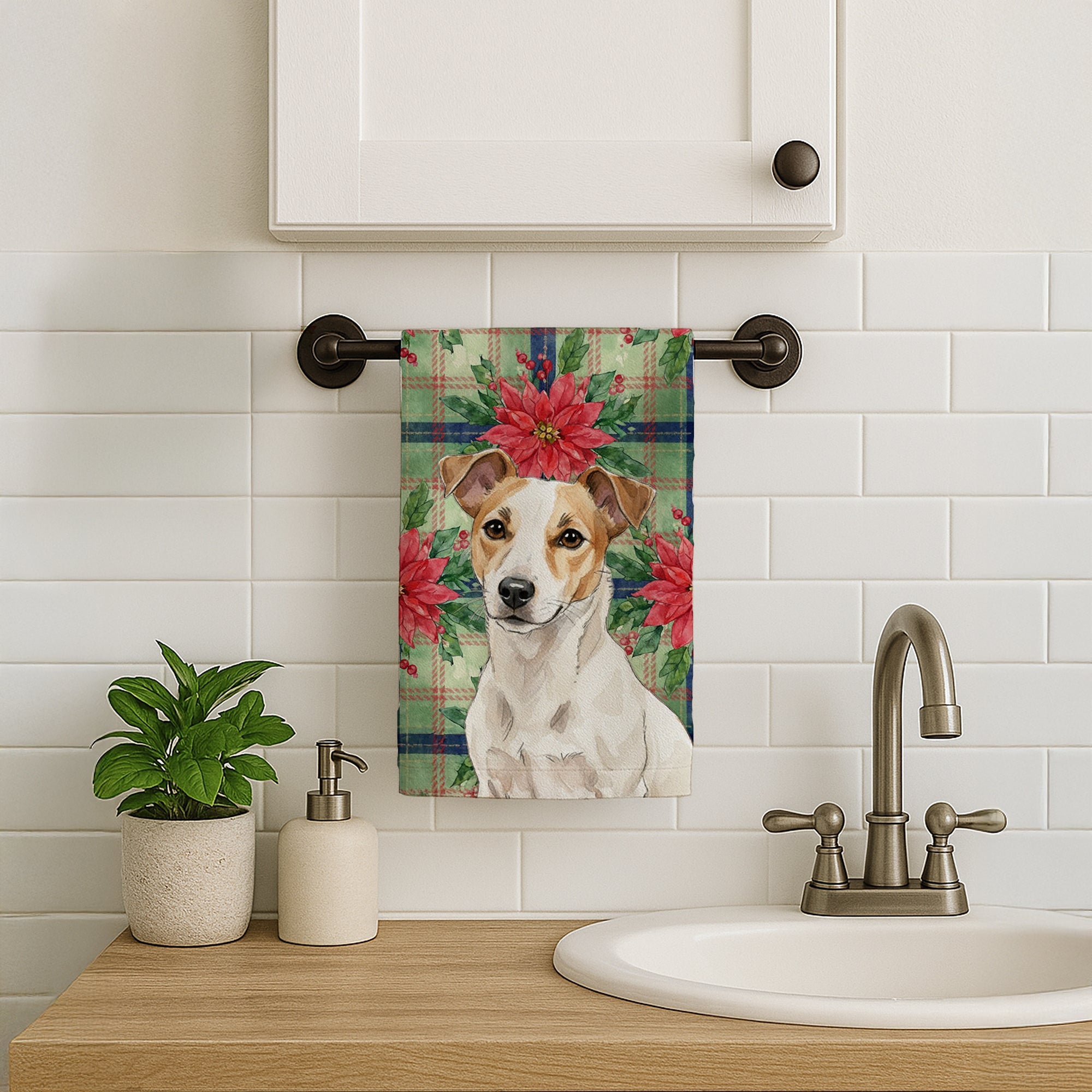 White and Tan Jack Russell Terrier Christmas PoinsettIas Kitchen Towel Velour Plush Front and Cotton Loop Back Machine Washable