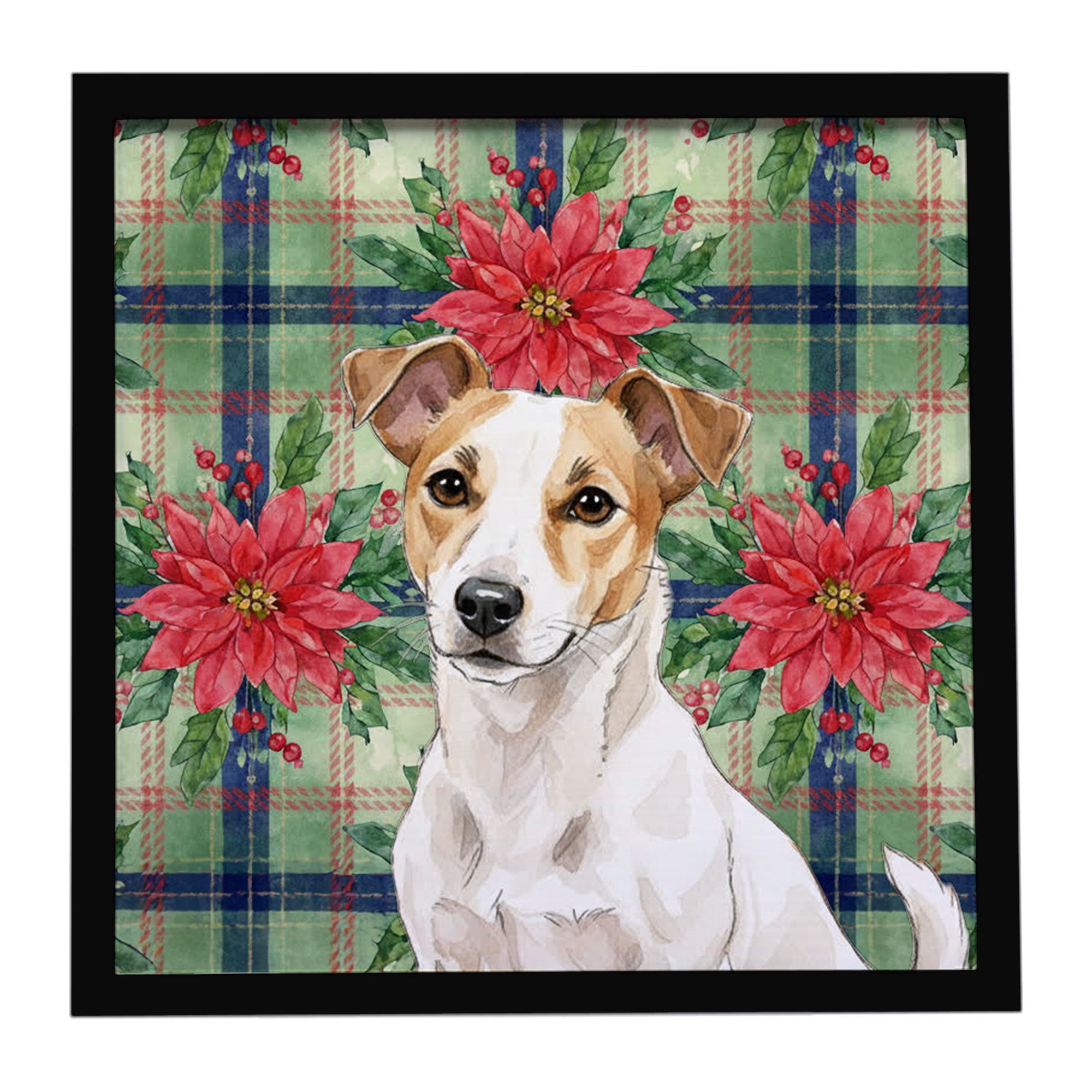 White and Tan Jack Russell Terrier Christmas PoinsettIas Framed Metal Print Bathroom, Kitchen, Office, Home Decor Wall Art Ready to Hang, Square, 8X8