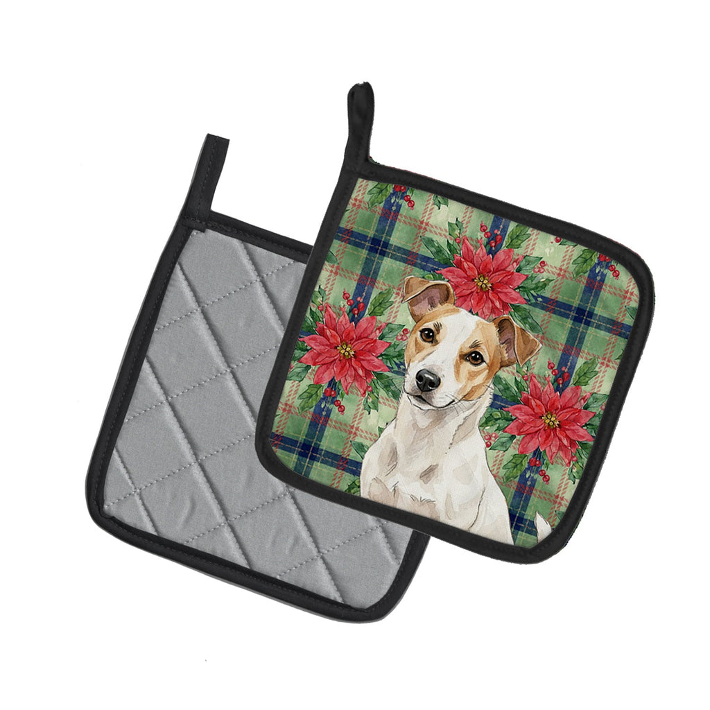 White and Tan Jack Russell Terrier Christmas PoinsettIas Pot Holder Set of 2 Heat Resistant Quilted Hot Pads 7.5 x 7.5 Inch, Insulated Kitchen Trivets for Cooking & Baking