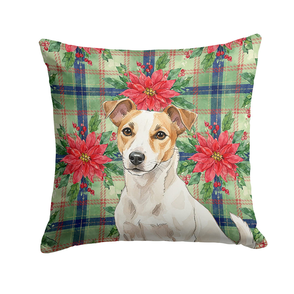 White and Tan Jack Russell Terrier Christmas PoinsettIas Decorative Throw Pillow 14x14 Indoor Outdoor Accent Cushion, Fabric Cover with Insert for Sofa, Bed, Porch & Living Room