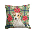 White and Tan Jack Russell Terrier Christmas PoinsettIas Decorative Throw Pillow 14x14 Indoor Outdoor Accent Cushion, Fabric Cover with Insert for Sofa, Bed, Porch & Living Room