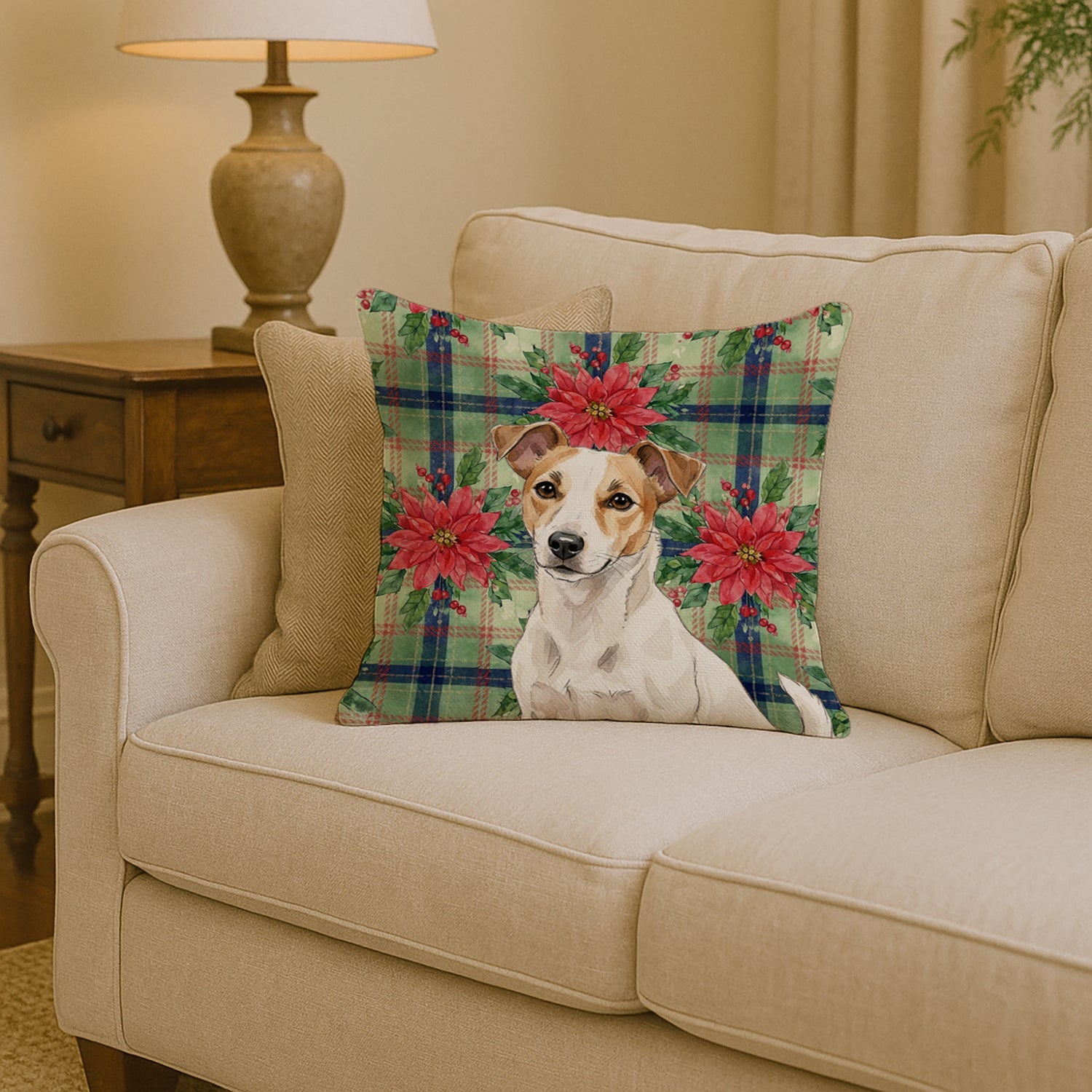 White and Tan Jack Russell Terrier Christmas PoinsettIas Decorative Throw Pillow 14x14 Indoor Outdoor Accent Cushion, Fabric Cover with Insert for Sofa, Bed, Porch & Living Room