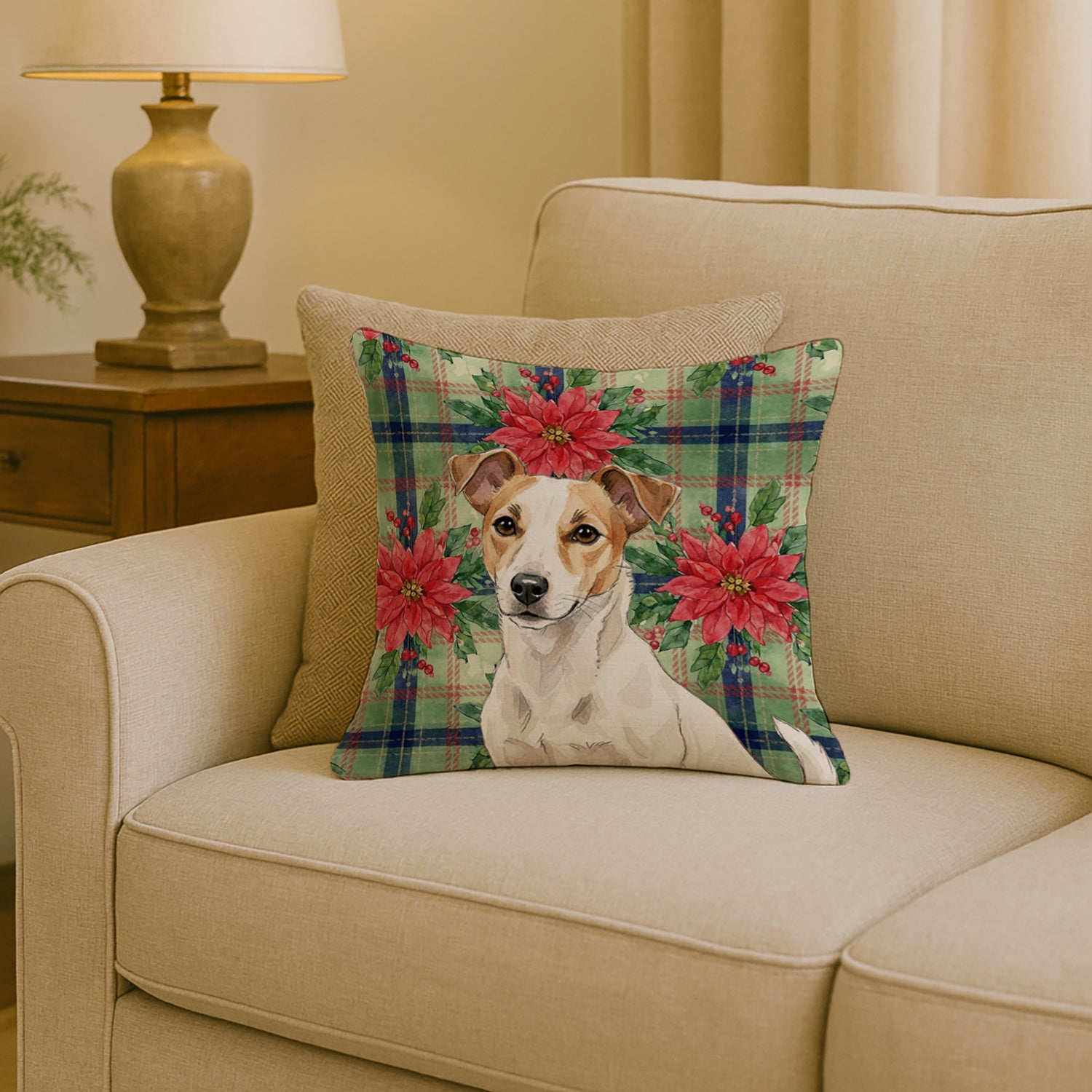 White and Tan Jack Russell Terrier Christmas PoinsettIas Decorative Throw Pillow 18x18 Indoor Outdoor Accent Cushion, Fabric Cover with Insert for Sofa, Bed, Porch & Living Room