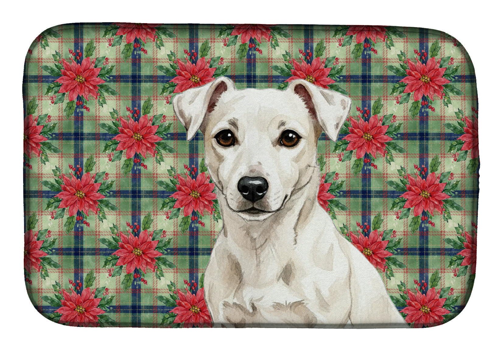 White Jack Russell Terrier Christmas PoinsettIas Dish Drying Mat Absorbent Dish Drying Mat Pad for Kitchen Counter Dish Drainer Mat for Countertop, 14 x 21", Multicolor