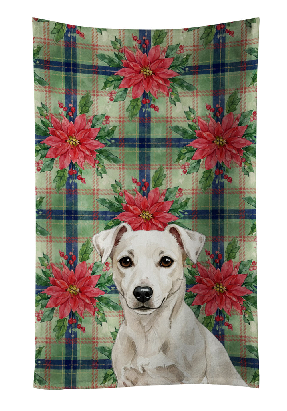 White Jack Russell Terrier Christmas PoinsettIas Kitchen Towel Velour Plush Front and Cotton Loop Back Machine Washable