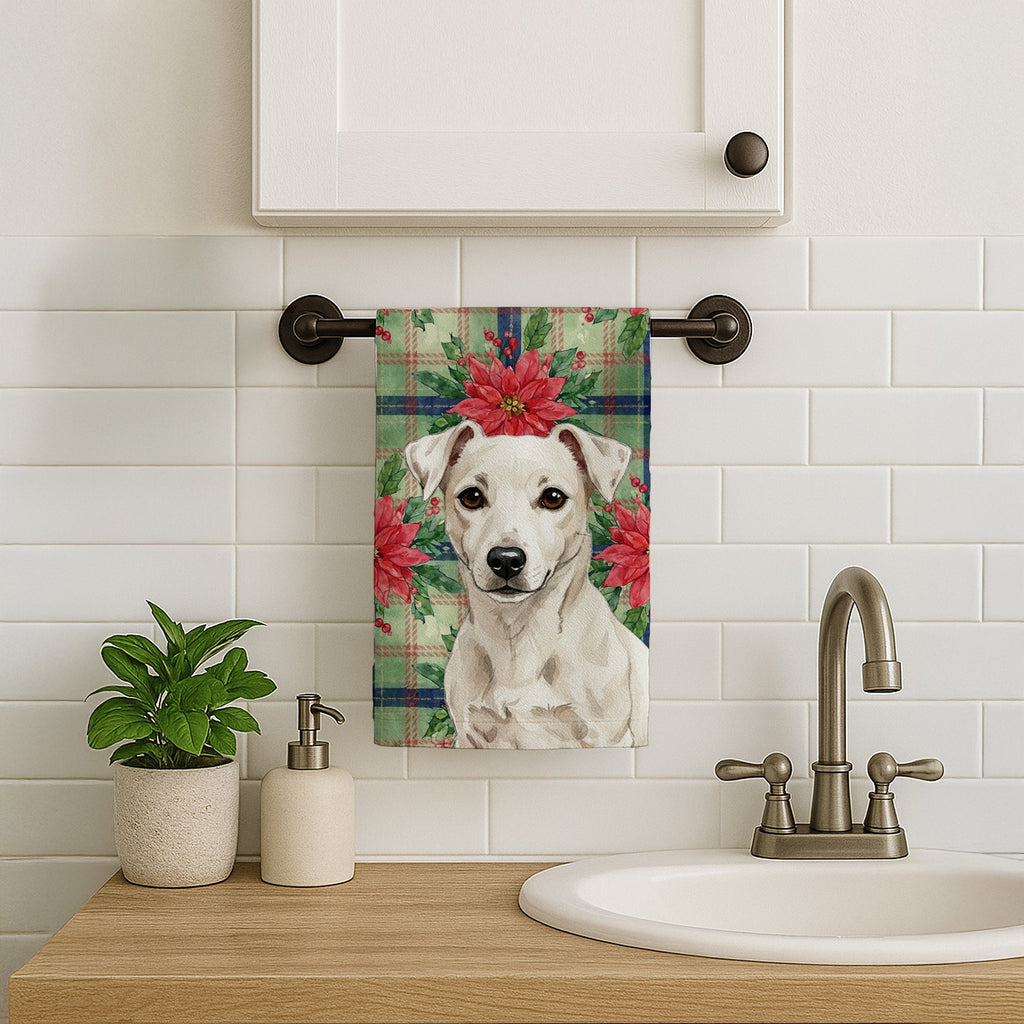 White Jack Russell Terrier Christmas PoinsettIas Kitchen Towel Velour Plush Front and Cotton Loop Back Machine Washable