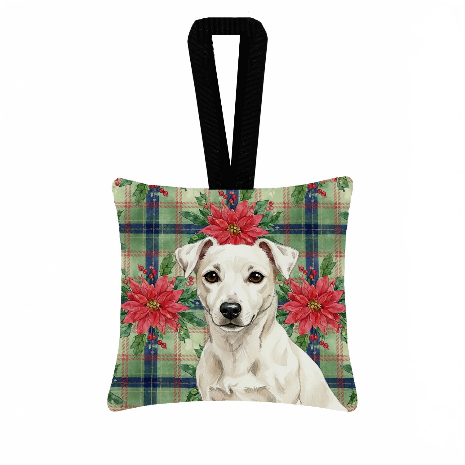 White Jack Russell Terrier Christmas PoinsettIas Hanging Square Fabric Ornament 3.5 � 3.5 Decorative Door-Knob & Tree Hanger, Soft Fabric