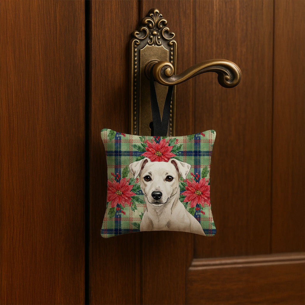 White Jack Russell Terrier Christmas PoinsettIas Hanging Square Fabric Ornament 3.5 � 3.5 Decorative Door-Knob & Tree Hanger, Soft Fabric