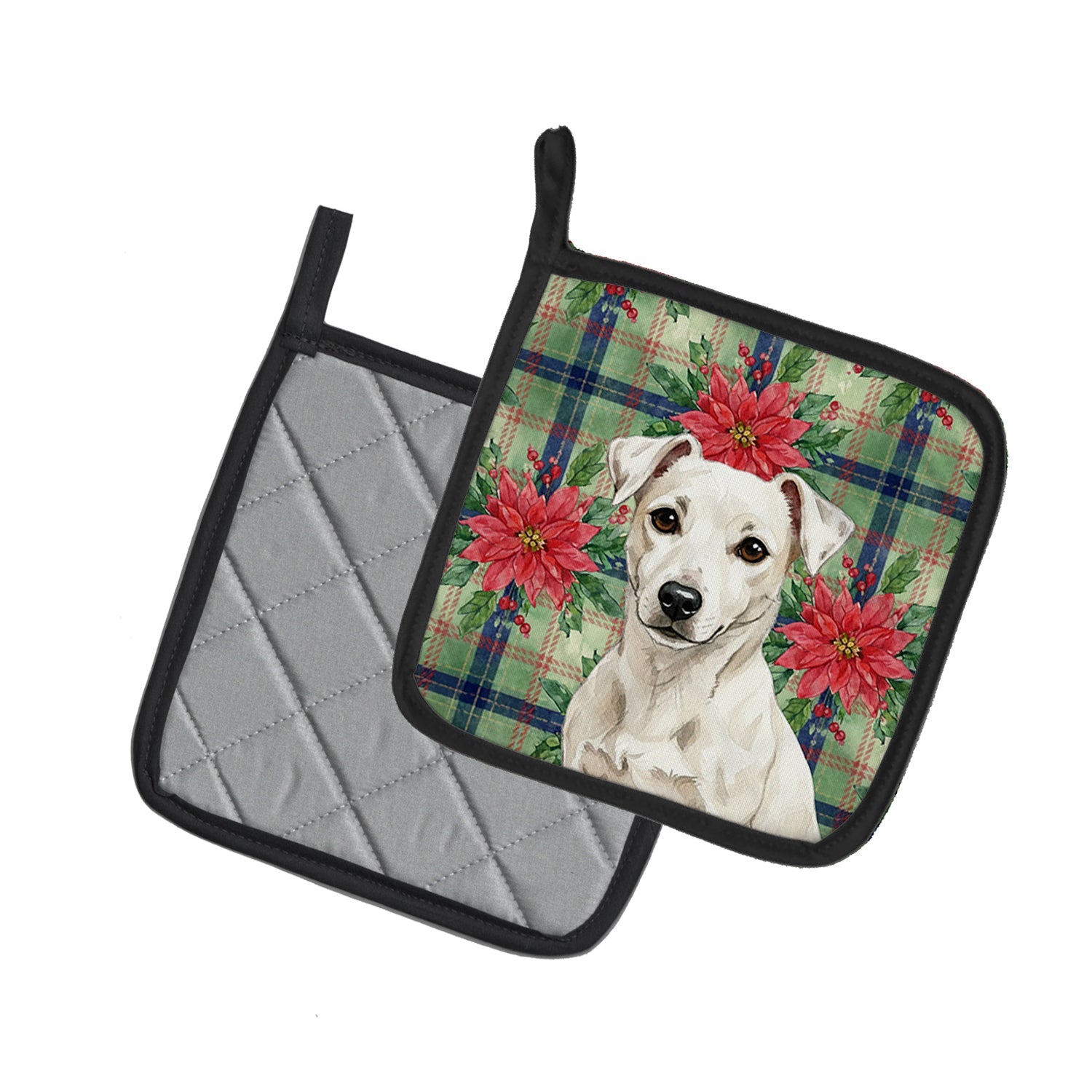 White Jack Russell Terrier Christmas PoinsettIas Pot Holder Set of 2 Heat Resistant Quilted Hot Pads 7.5 x 7.5 Inch, Insulated Kitchen Trivets for Cooking & Baking