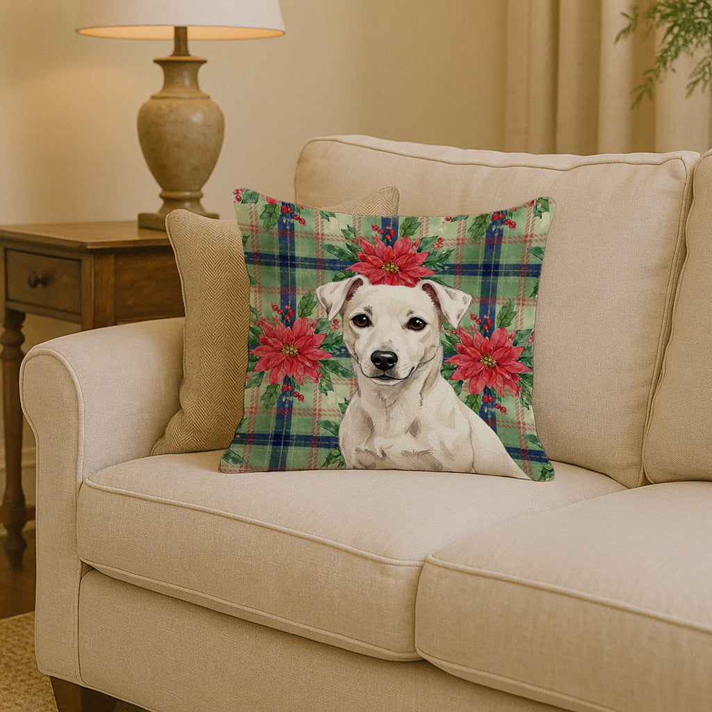 White Jack Russell Terrier Christmas PoinsettIas Decorative Throw Pillow 14x14 Indoor Outdoor Accent Cushion, Fabric Cover with Insert for Sofa, Bed, Porch & Living Room