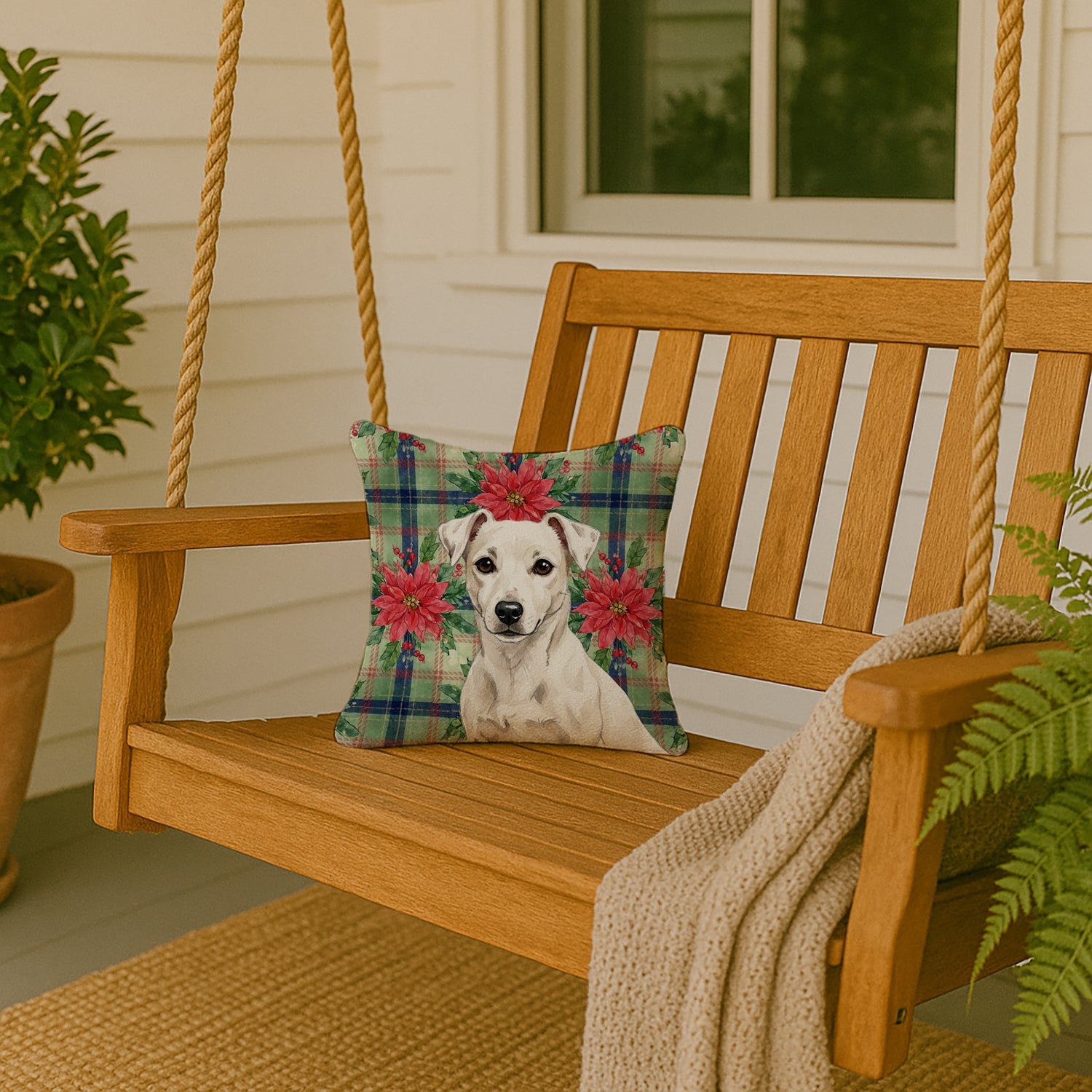 White Jack Russell Terrier Christmas PoinsettIas Decorative Throw Pillow 14x14 Indoor Outdoor Accent Cushion, Fabric Cover with Insert for Sofa, Bed, Porch & Living Room