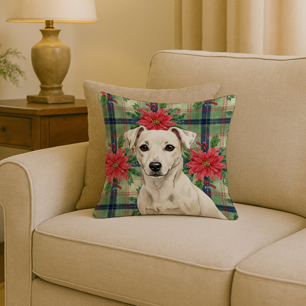 White Jack Russell Terrier Christmas PoinsettIas Decorative Throw Pillow 18x18 Indoor Outdoor Accent Cushion, Fabric Cover with Insert for Sofa, Bed, Porch & Living Room